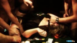 Ο άτακτος καφέ βομβιστής γαμιέται στο τραπέζι του πόκερ τέσσερις φορές