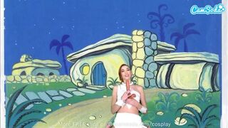 Χαριτωμένο έφηβος wilma πυριτόλιθο σε cosplay αυνανισμό και πιπιλίζουν το τεράστιο δοχείο